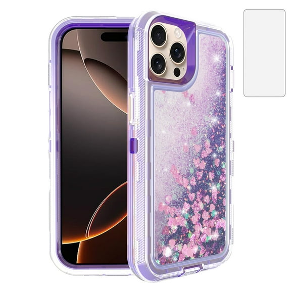 Compatible with iPhone 16 Pro Max 6.9 inch Phone Case Tempered Glass Screen Protector Bling Liquid Glitter Clear Hybrid Shockproof TPU Military Grade Protective Heavy Duty Cell Cover Women Purple