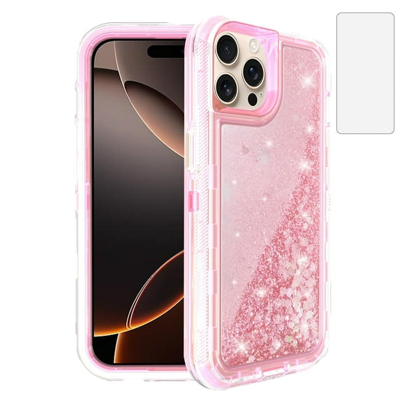 Compatible with iPhone 16 Pro Max 6.9 inch Phone Case Tempered Glass Screen Protector Bling Liquid Glitter Clear Hybrid Shockproof TPU Military Grade Protective Heavy Duty Cell Cover Women Pink