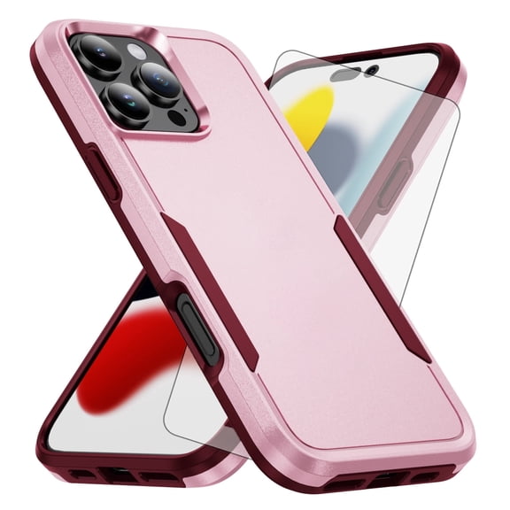 Compatible with iPhone 16 Pro Max 6.9 inch Phone Case Tempered Glass Screen Protector Hybrid Rugged Shockproof Hard Protective Drop Proof Full Body Heavy Duty Mobile Cell Cover for i Phone16PM Pink