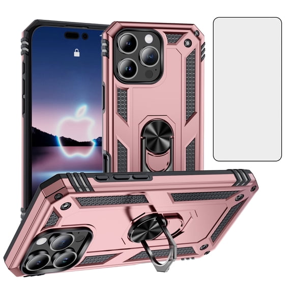 Compatible with iPhone 16 Pro Max 6.9 inch Phone Case Tempered Glass Screen Protector Slim Magnetic Ring Holder Stand Hybrid Protective Cell Cover for i Phone16 16Pro i16 ProMax Women Men Pink