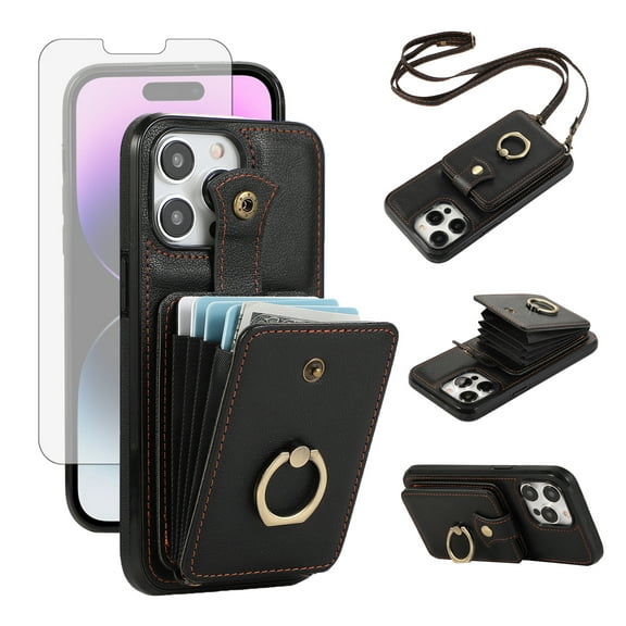 Compatible with iPhone 16 Pro Max 6.9 inch Wallet Phone Case Screen Protector Ring Crossbody Strap Stand Credit Card Holder RFID Cell Cover for i Phone16 16Pro i16 ProMax 16ProMax Women Girls Black
