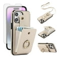 thumbnail image 1 of Compatible with iPhone 16 Pro Max 6.9 inch Wallet Phone Case Screen Protector Ring Crossbody Strap Stand Credit Card Holder RFID Cell Cover for i Phone16 16Pro i16 ProMax 16ProMax Women Girls Beige, 1 of 8