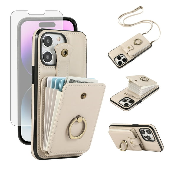 Compatible with iPhone 16 Pro Max 6.9 inch Wallet Phone Case Screen Protector Ring Crossbody Strap Stand Credit Card Holder RFID Cell Cover for i Phone16 16Pro i16 ProMax 16ProMax Women Girls Beige
