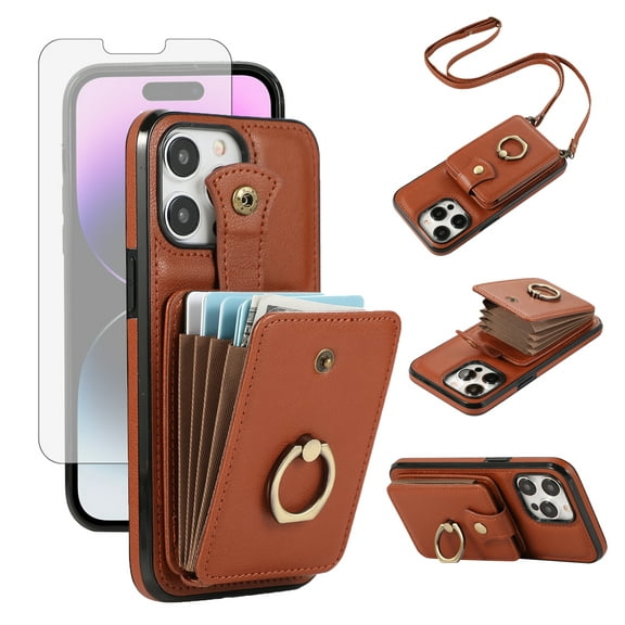 Compatible with iPhone 16 Pro Max 6.9 inch Wallet Phone Case Screen Protector Ring Crossbody Strap Stand Credit Card Holder RFID Cell Cover for i Phone16 16Pro i16 ProMax 16ProMax Women Girls Brown