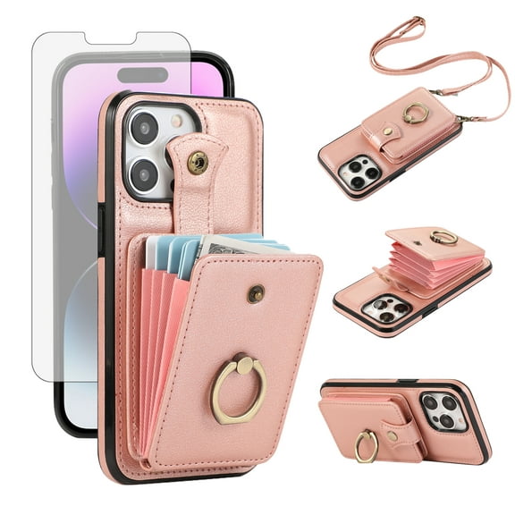 Compatible with iPhone 16 Pro Max 6.9 inch Wallet Phone Case Screen Protector Ring Crossbody Strap Stand Credit Card Holder RFID Cell Cover for i Phone16 16Pro 16ProMax 16ProMax Women Girls Rose Gold