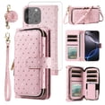 thumbnail image 1 of Compatible with iPhone 16 Pro Max 6.9 inch Wallet Phone Case Tempered Glass Screen Protector Bling Glitter Crossbody Lanyard Strap Flip Zipper Purse Card Holder Cell Cover for iP 16 i16PM Women Pink, 1 of 8