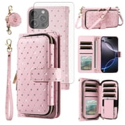Compatible with iPhone 16 Pro Max 6.9 inch Wallet Phone Case Tempered Glass Screen Protector Bling Glitter Crossbody Lanyard Strap Flip Zipper Purse Card Holder