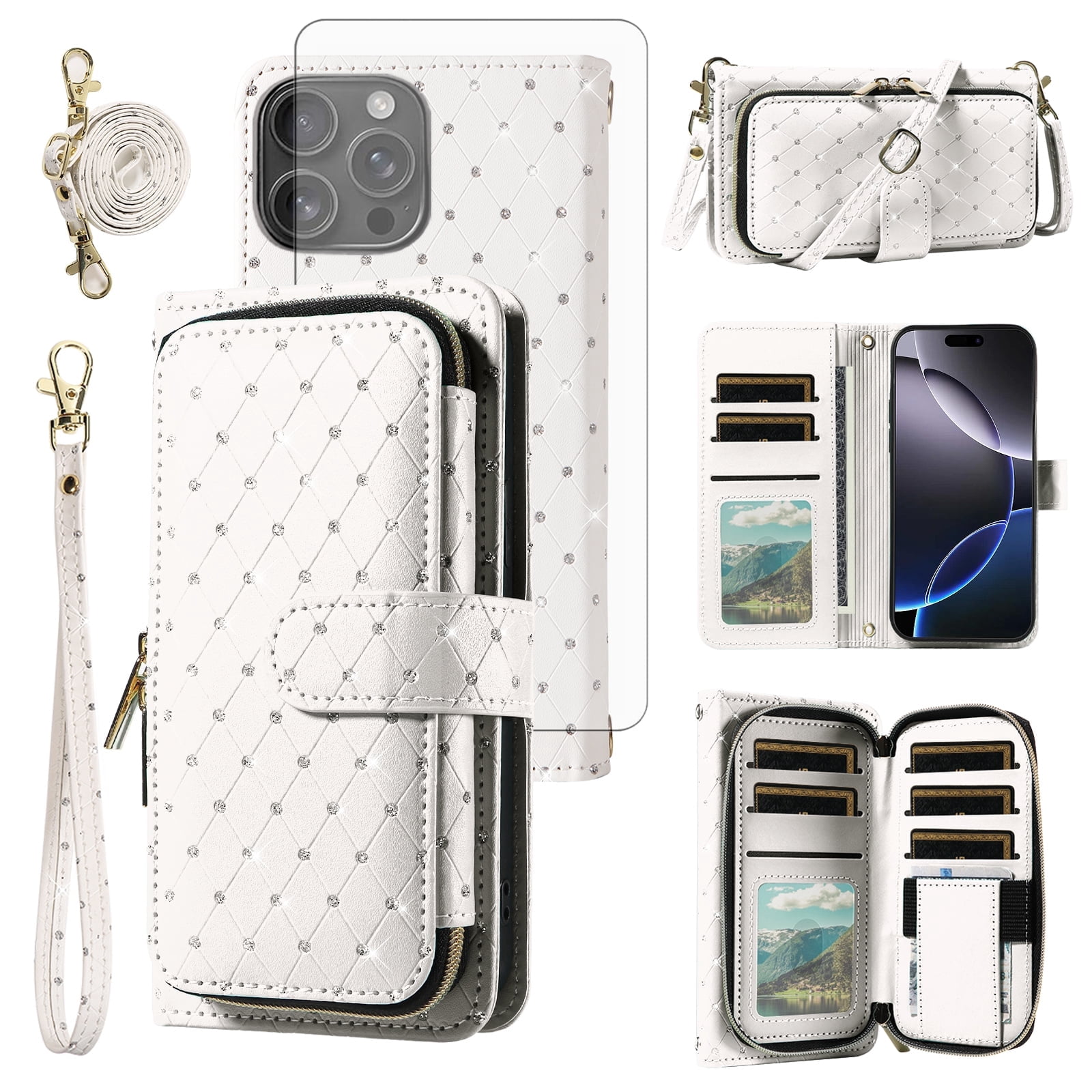 Compatible with iPhone 16 Pro Max 6.9 inch Wallet Phone Case Tempered Glass Screen Protector Bling Glitter Crossbody Lanyard Strap Flip Zipper Purse Card Holder Cell Cover for iP 16 i16PM Women White
