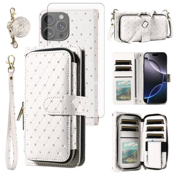 Compatible with iPhone 16 Pro Max 6.9 inch Wallet Phone Case Tempered Glass Screen Protector Bling Glitter Crossbody Lanyard Strap Flip Zipper Purse Card Holder Cell Cover for iP 16 i16PM Women White