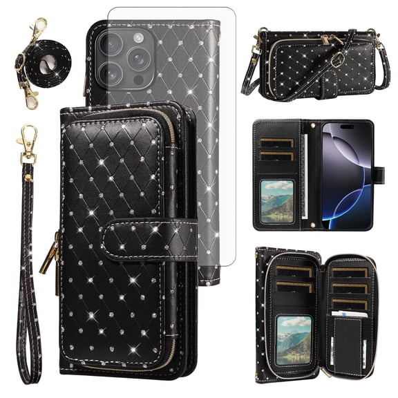 Compatible with iPhone 16 Pro Max 6.9 inch Wallet Phone Case Tempered Glass Screen Protector Bling Glitter Crossbody Lanyard Strap Flip Zipper Purse Card Holder Cell Cover for iP 16 i16PM Women Black
