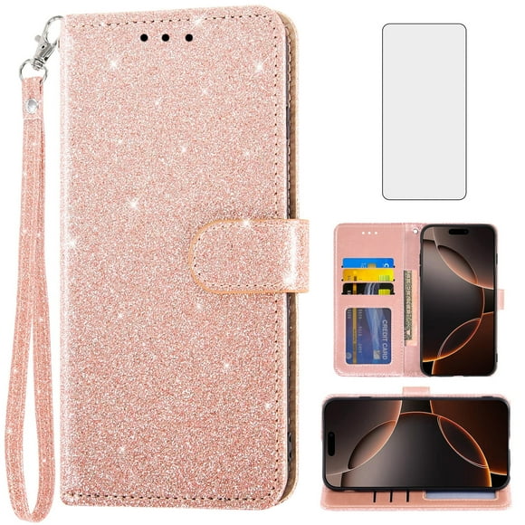 Compatible with iPhone 16 Pro Max 6.9 inch Wallet Phone Case and Tempered Glass Screen Protector Flip Credit Card Holder Stand Bling Glitter Cell Cover for i Phone16 16Pro i16 ProMax 16ProMax Pink