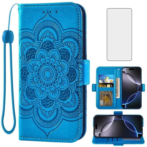 Compatible with iPhone 16 Pro Max 6.9 inch Wallet Phone Case and Tempered Glass Screen Protector Flip Credit Card Holder Stand Mandala Flower Cell Cover for i Phone16 16Pro i16 ProMax 16ProMax Blue