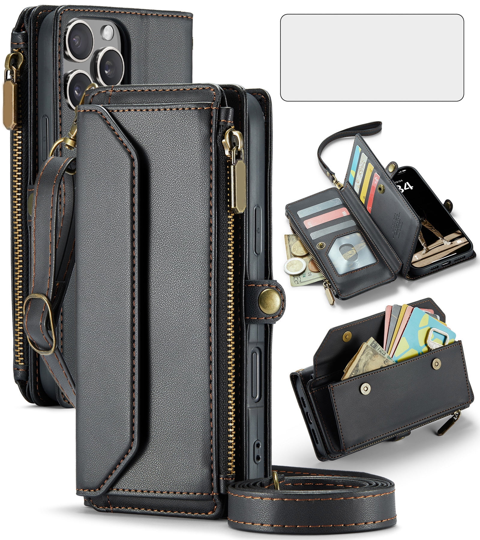 Compatible with iPhone 16 Pro Max 6.9 inch Zipper Wallet Phone Case Tempered Glass Screen Protector Crossbody Lanyard Strap Flip Card Holder Slot Cell Cover for i Phone16 16Pro i16ProMax Women Black