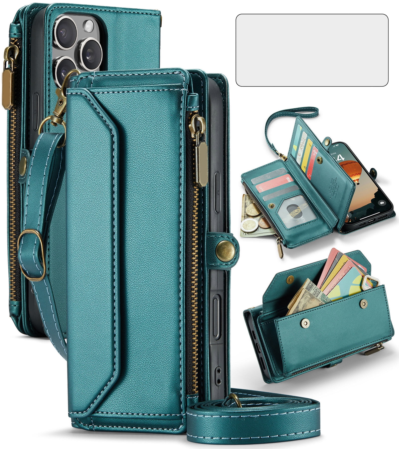 Compatible with iPhone 16 Pro Max 6.9 inch Zipper Wallet Phone Case Tempered Glass Screen Protector Crossbody Lanyard Strap Flip Card Holder Slot Cell Cover for i Phone16 16Pro i16ProMax Women Green