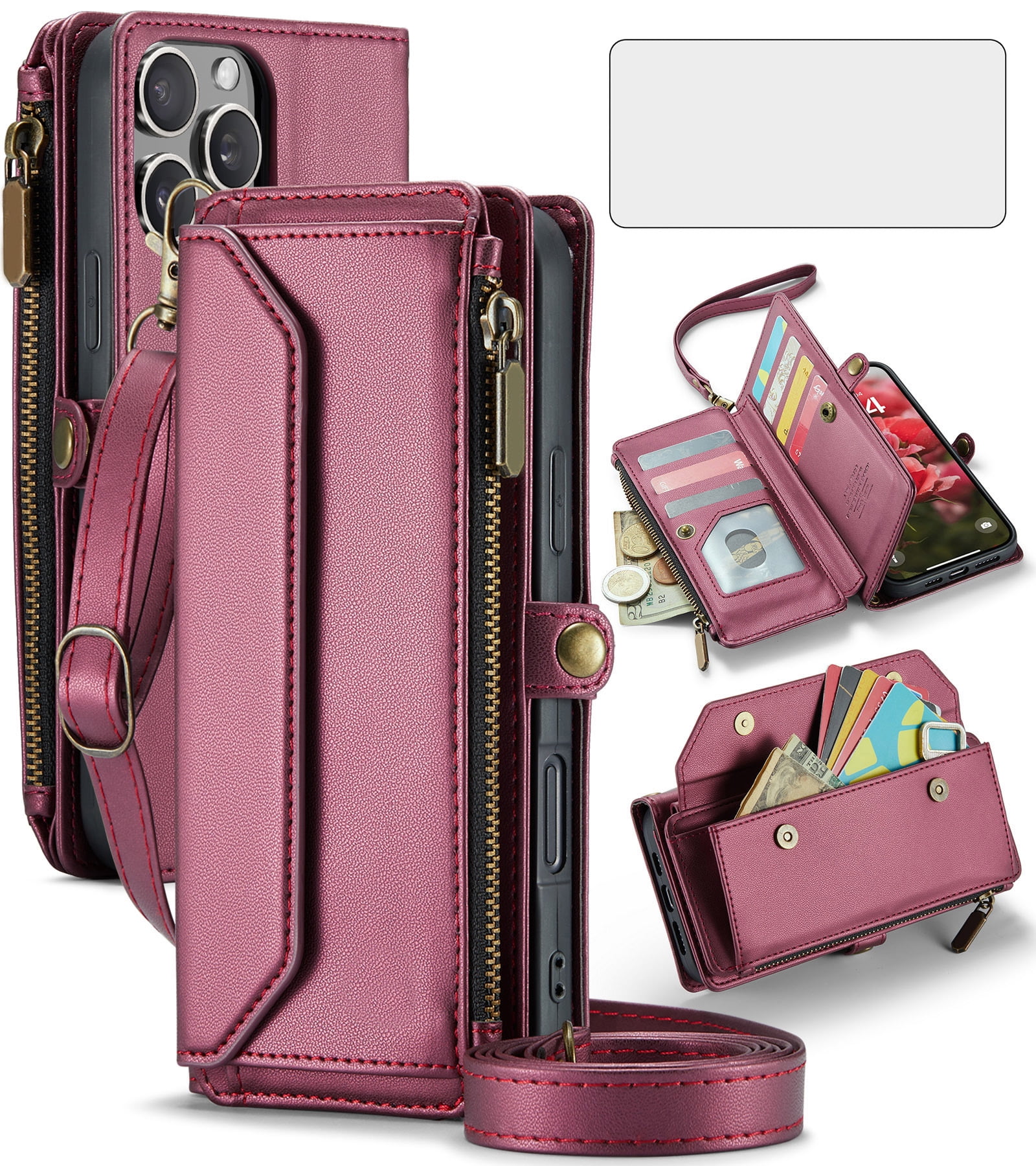 Compatible with iPhone 16 Pro Max 6.9 inch Zipper Wallet Phone Case Tempered Glass Screen Protector Crossbody Lanyard Strap Flip Card Holder Slot Cell Cover for i Phone16 16Pro i16Max Women Wine Red
