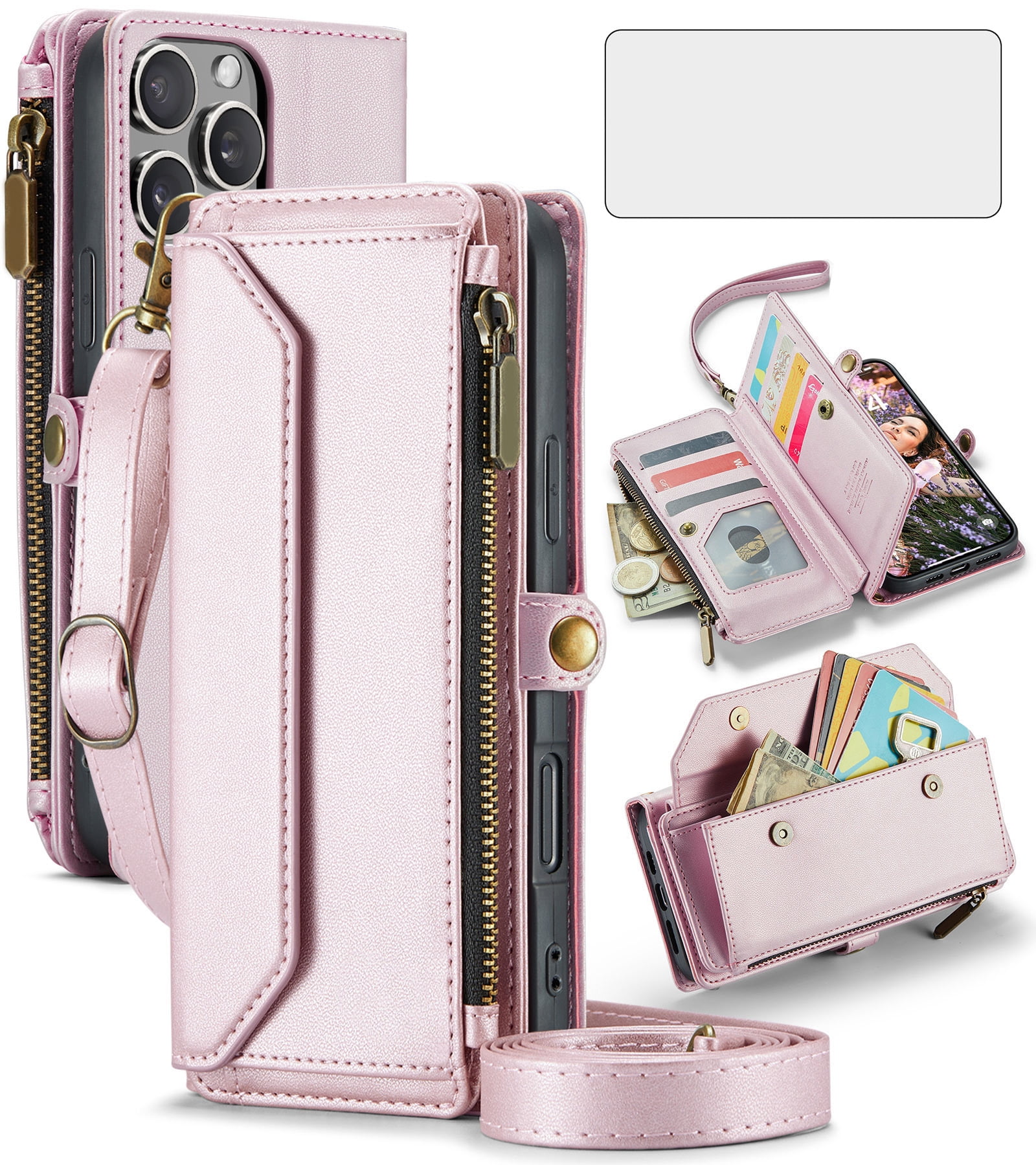 Compatible with iPhone 16 Pro Max 6.9 inch Zipper Wallet Phone Case Tempered Glass Screen Protector Crossbody Lanyard Strap Flip Card Holder Slot Cell Cover for i Phone16 16Pro i16PM Women Rose Gold