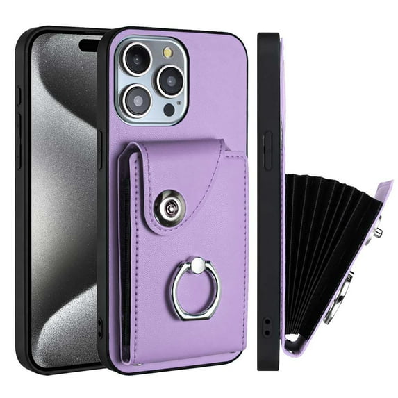 Compatible for iPhone 16 Pro Max Case with Card Holder, for iPhone 16 Pro Max Wallet Case for Women Men with Rotation Finger Ring Stand, Accordion Style PU Leather Shockproof Protection Case, Purple