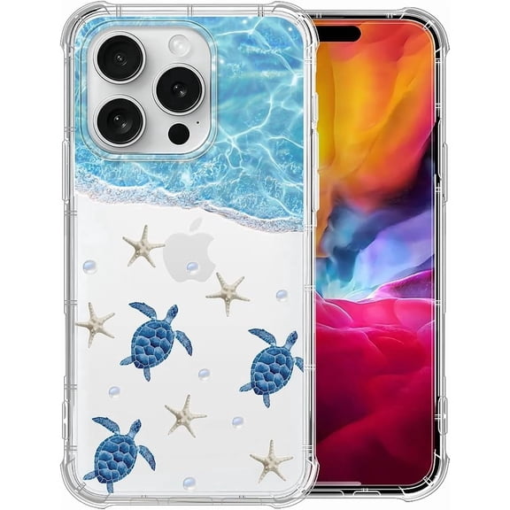 Compatible with iPhone 16 Pro Max Case, Clear Four Corner Shockproof Airbags, Ultra-Thin Anti-Slip Design Military-Grade Protection Case - Beach Starfish Sea Turtle