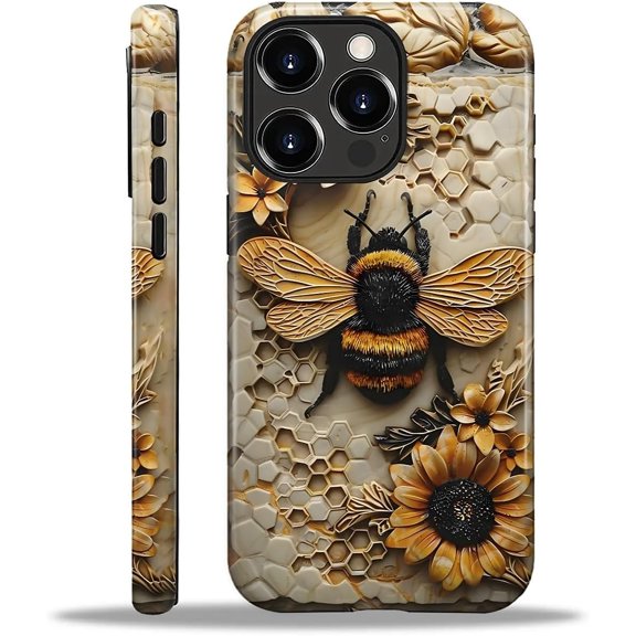 Compatible with iPhone 16 Pro Max Case - Dual-Layer Protection, Hard Shell with Silicone Interior, Slim Scratch Resistant Shockproof for Woman Men - Bumblebee Sunflower Honeycomb