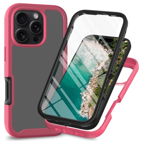 Compatible with iPhone 16 Pro Max Case, Dustproof Shockproof Case with Built-in Screen Protector, Bumper Frame Heavy Duty Full Body Protective Cover for iPhone 16 Pro Max, Pink