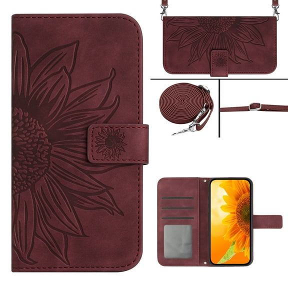 Compatible with iPhone 16 Pro Max Case, Flower Embossed Wallet PU Leather Case with Card Holder Slots Protective Heavy Duty Folio Cover Crossbody Strap Case Cover for iPhone 16 Pro Max, Winered