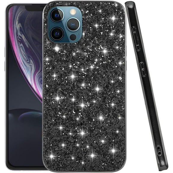 Compatible with iPhone 16 Pro Max Case Glitter Shockproof, iPhone 16 Pro Max Phone Case Bling Sparkly TPU and PC Silicone Shiny Girl Women Thin Protective Cover (Black)