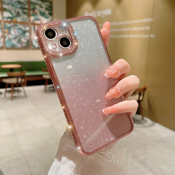 Compatible with iPhone 16 Pro Max Case,Gradient Color Glitter Bling Diamond Sparkle Shiny Bumper and Camera Lens Design Clear Rubber Soft TPU Plating Edge Phone Cases for Women Girls, Pink