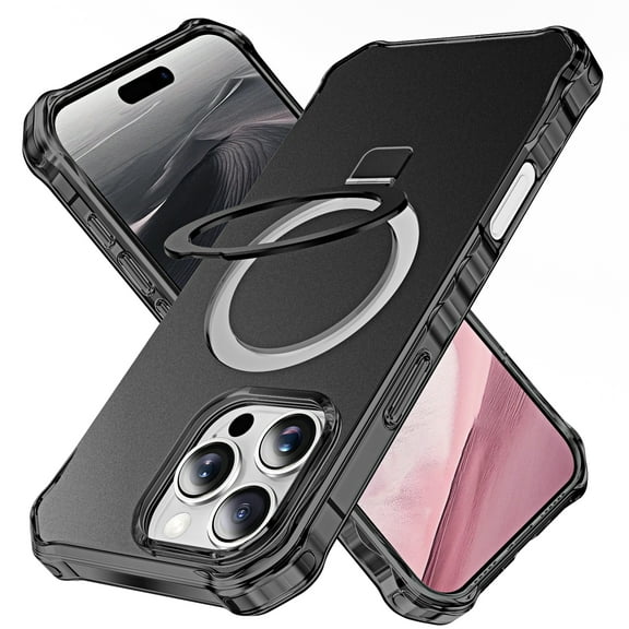 Compatible with iPhone 16 Pro Max Case with Invisible Magnetic O-Ring Stand Slim Back Cover with Good Grip Curly Wave Edge Phone Case [Compatible with MagSafe][Great Grip Feeling],Black