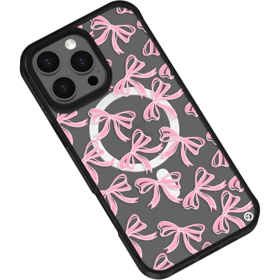 Compatible for iPhone 16 Pro Max Case with Magsafe, Cute Pink Ribbon Bowknot Pattern Girly Aesthetic Clear Black Shockproof Phone Case Cover for Women Girls -Bows