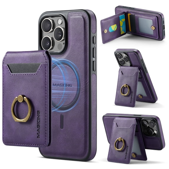 Compatible with iPhone 16 Pro Max Case Wallet with Removable Credit Card,Ring Holder, Premium PU Leather Magnetic Clasp Kickstand Heavy Duty Shockproof Protective Phone Case,Purple