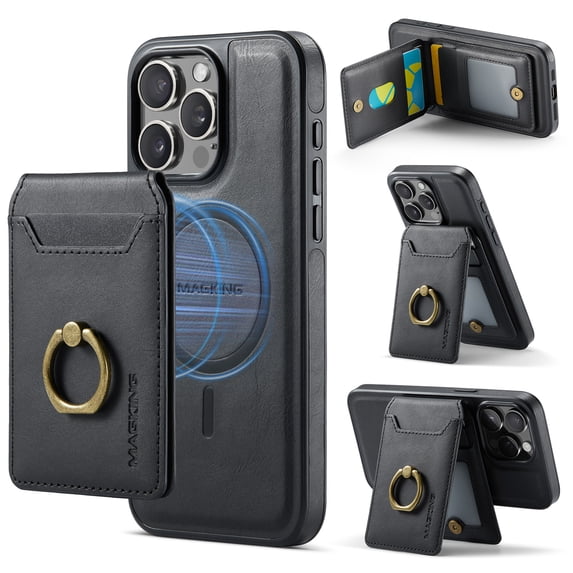 Compatible with iPhone 16 Pro Max Case Wallet with Removable Credit Card,Ring Holder, Premium PU Leather Magnetic Clasp Kickstand Heavy Duty Shockproof Protective Phone Case,Black