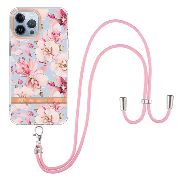 Compatible with iPhone 16 Pro Max Clear TPU Flower Pattern Case, iPhone 16 Pro Max Case with Strap Crossbody Adjustable Neck Lanyard Case Phone Cover Designed for iPhone 16 Pro Max, Flower#5