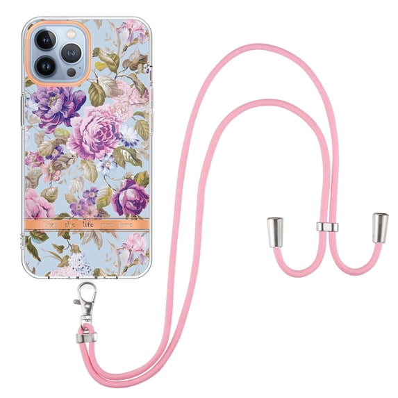 Compatible with iPhone 16 Pro Max Clear TPU Flower Pattern Case, iPhone 16 Pro Max Case with Strap Crossbody Adjustable Neck Lanyard Case Phone Cover Designed for iPhone 16 Pro Max, Flower#6