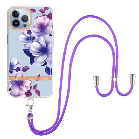 Compatible with iPhone 16 Pro Max Clear TPU Flower Pattern Case, iPhone 16 Pro Max Case with Strap Crossbody Adjustable Neck Lanyard Case Phone Cover Designed for iPhone 16 Pro Max, Flower#4