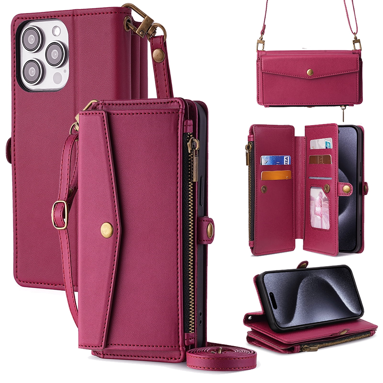 Compatible with iPhone 16 Pro Max Crossbody Wallet Case,Flip Folding Kickstand,With Card Slots,Long Strap&Short Strap,Zipper Pocket,Shockproof Heavy Duty PU Leather Phone Case,Red