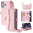 thumbnail image 1 of Compatible with iPhone 16 Pro Max Crossbody Wallet Case,Flip Folding Kickstand,With Card Slots,Long Strap&Short Strap,Zipper Pocket,Shockproof Heavy Duty PU Leather Phone Case,Pink, 1 of 9