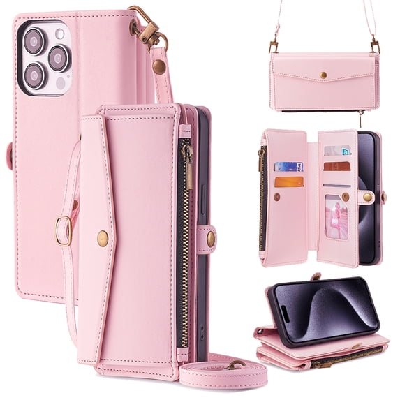 Compatible with iPhone 16 Pro Max Crossbody Wallet Case,Flip Folding Kickstand,With Card Slots,Long Strap&Short Strap,Zipper Pocket,Shockproof Heavy Duty PU Leather Phone Case,Pink