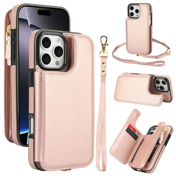 Compatible with iPhone 16 Pro Max Crossbody Wallet Phone Case,RFID Blocking PU Leather Shockproof Phone Case Women Men Kickstand flip Back Wrist Strap Zipper Credit Card Holder Slots,Rosegold
