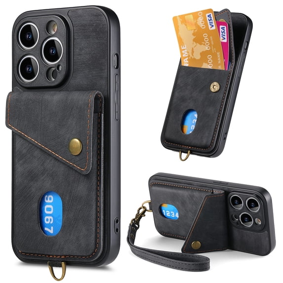 Compatible with iPhone 16 Pro Max PU Leather Back + TPU Frame Case, Card Slot Magnetic Snap with Removable Wrist Strap Support Magnetic Car Mount Kickstand Cover for iPhone 16 Pro Max, Black