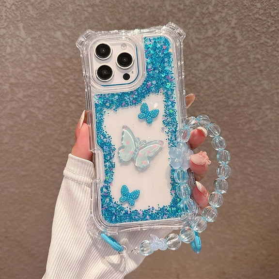 Compatible with iPhone 16 Pro Max Phone Case,3-in-1 Design,With Cute Beads Wrist Strap,Luxury Bling Glitter Bavck,Resin Butterflies,For Women Girls,Shockproof Transparent Phone Case,Blue