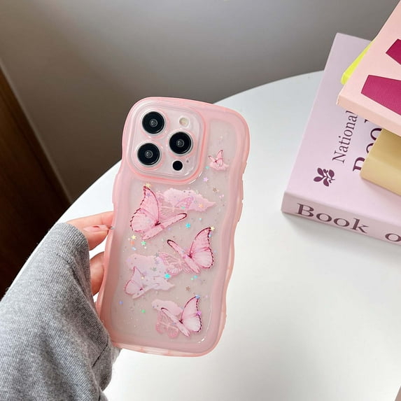 Compatible with iPhone 16 Pro Max Phone Case,Glitter Bling Shiny Star Sequin Butterfly Printing,Matte Cute Curly Wavy Frame,Shockproof Anti-fall Soft TPU Aesthetic Clear Phone Case,Pink