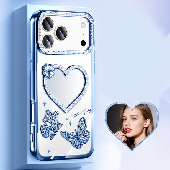 Compatible with iPhone 16 Pro Max Phone Case,Luxury Cute Diamond Heart Makeup Mirror Back,Bling Sparkly Rhinestones Lens Ring,Plating Butterfly,Shockproof Anti-fall Thin Fit Phone Case,Blue