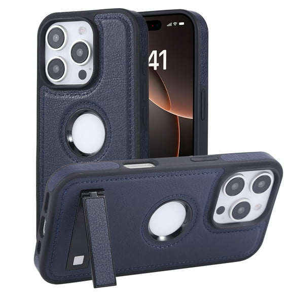 Compatible With iPhone 16 Pro Max Phone Case,With Retractable Invisible Kickstand,Logo View Designing,PU Leather Shockproof Rugged Anti-fall Heavy Duty Thin Fit Phone Case Cover,Blue