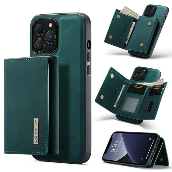 Compatible with iPhone 16 Pro Max Removable 2 in 1 Wallet Case,Retro Premium PU Leather Cell Phone Back Cover Magnetic Detachable with Trifold Wallet Credit Card Cash Holder Kickstand Case,Green