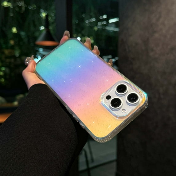 Compatible With iPhone 16 Pro Max Transparent Colored Plating Case, Luxury Bling Glitter Protective Bumper Hard PC & TPU Shockproof Anti-fall Rugged Phone Cover Case for Women Girl,A