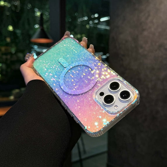 Compatible With iPhone 16 Pro Max Transparent Colored Plating Diamond Pattern Magnetic Case, Luxury Bling Glitter Protective Bumper Hard PC &TPU Shockproof Anti-fall Rugged Phone Cover Case,D