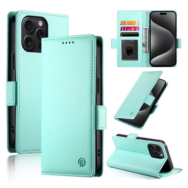 FUNMIKO IPhone 16 Pro Max Wallet Case With Card Holder - RFID Blocking Military Protection & UV Artwork In Sleek Cyan Leaf