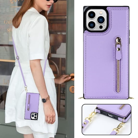 Compatible for iPhone 16 Pro Max Wallet Case with Crossbody Shoulder Strap Card Slots Holder Cover, Zipper PU Leather Magnetic Kickstand Shockproof Protective Phone Case, Purple