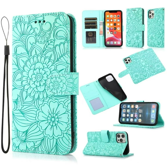 Compatible with iPhone 16 Pro Max Wallet Case,Flower Floral Embossed Luxury PU Leather with Credit Card Holder Slots Magnetic Closure Shockproof Protective Flip Case with Wrist Strap,Green