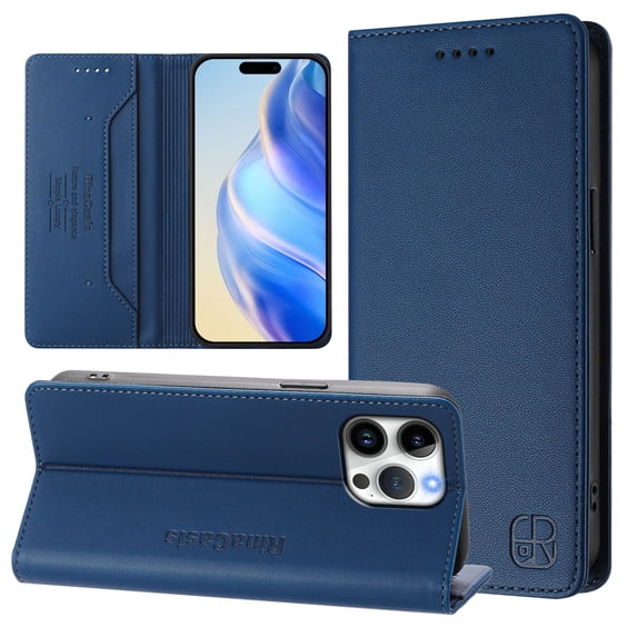 Compatible with iPhone 16 Pro Max Wallet Case, PU Leather Flip Case with RFID Blocking Card Slots, Kickstand Slim Fit Magnetic Wireless Charging Phone Cover for iPhone 16 Pro Max, Darkblue